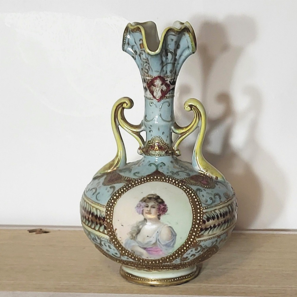 Vintage Hand Painted Portrait Vase Blue Gold Moriage Floral Double Handle 8.5in